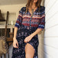Women's Bohemian Print V-neck Long Sleeve Mixed-print Button-front Dress