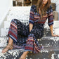 Women's Bohemian Print V-neck Long Sleeve Mixed-print Button-front Dress