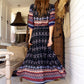 Women's Bohemian Print V-neck Long Sleeve Mixed-print Button-front Dress