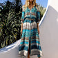 Women's Bohemian Print V-neck Long Sleeve Mixed-print Button-front Dress