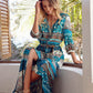 Women's Bohemian Print V-neck Long Sleeve Mixed-print Button-front Dress